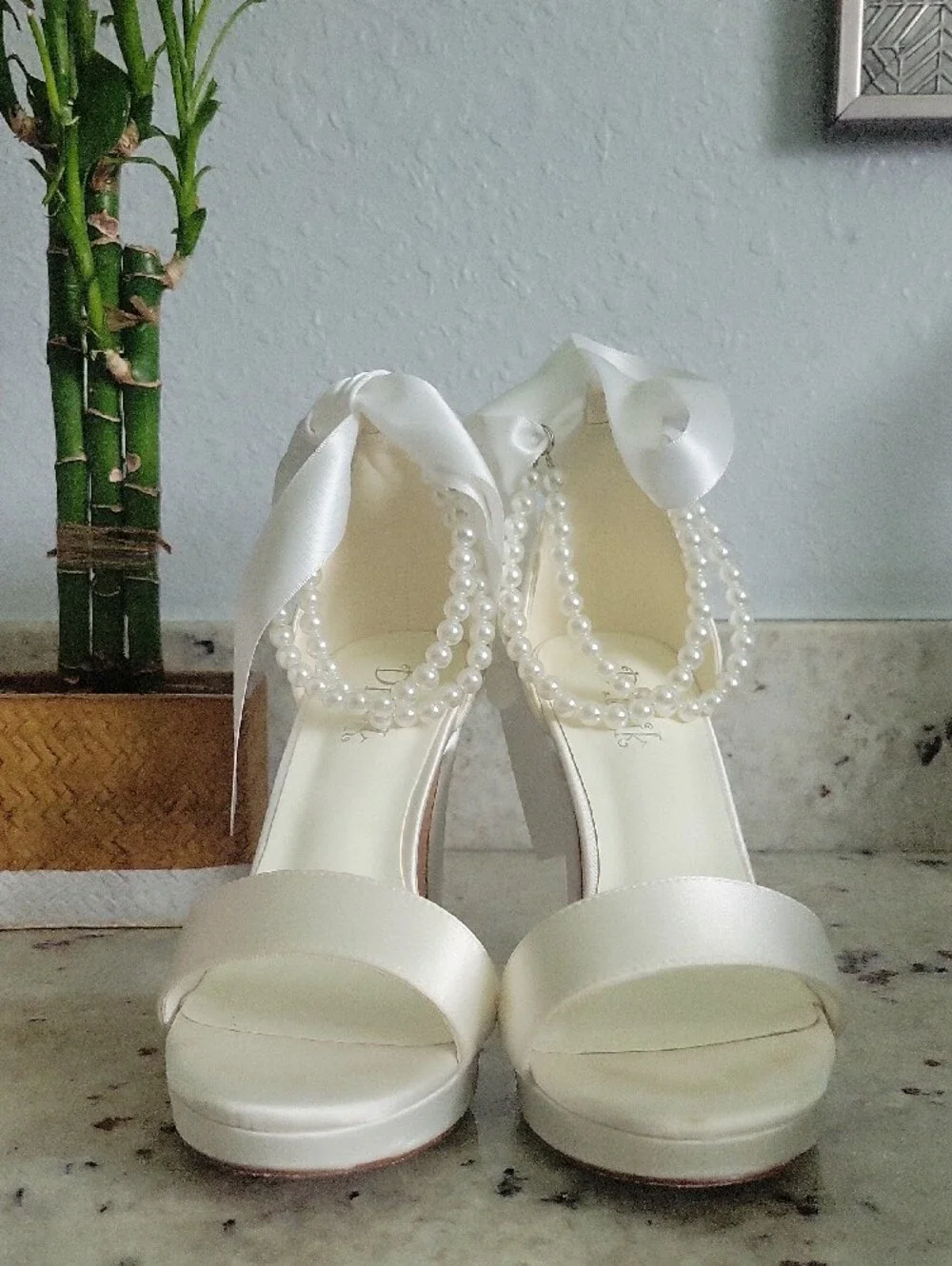 Ivory Pearl-Accent Block Heel Sandal with Satin Ankle Tie